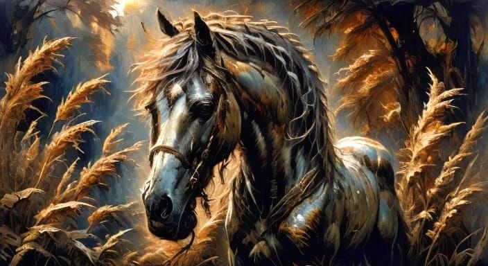 Prince and Horse in Fantasy Forest Oil Painting