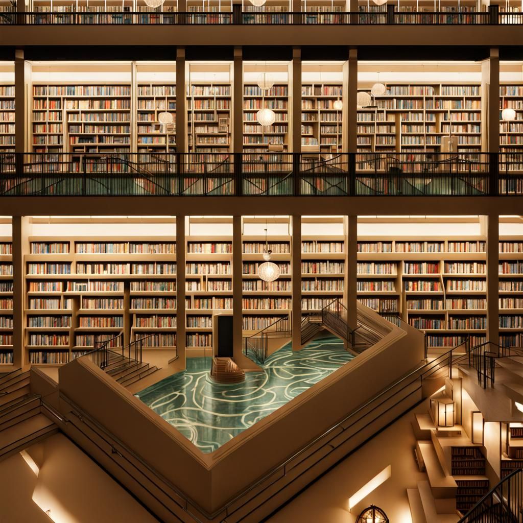 Flooded Art Deco Maze with Library Shelves