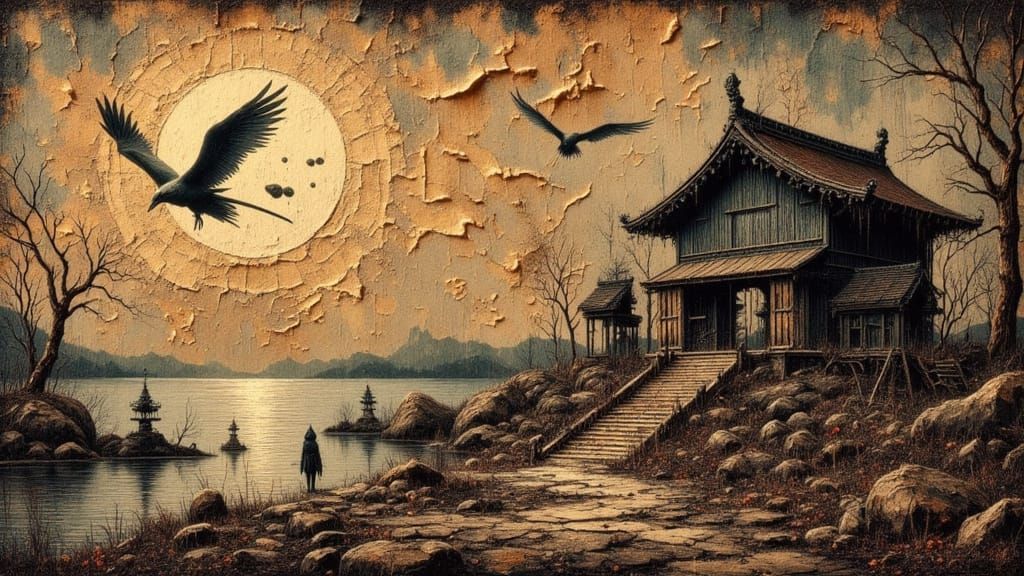 Samurai Before Vine-Covered Tori Gate and Giant Pencil