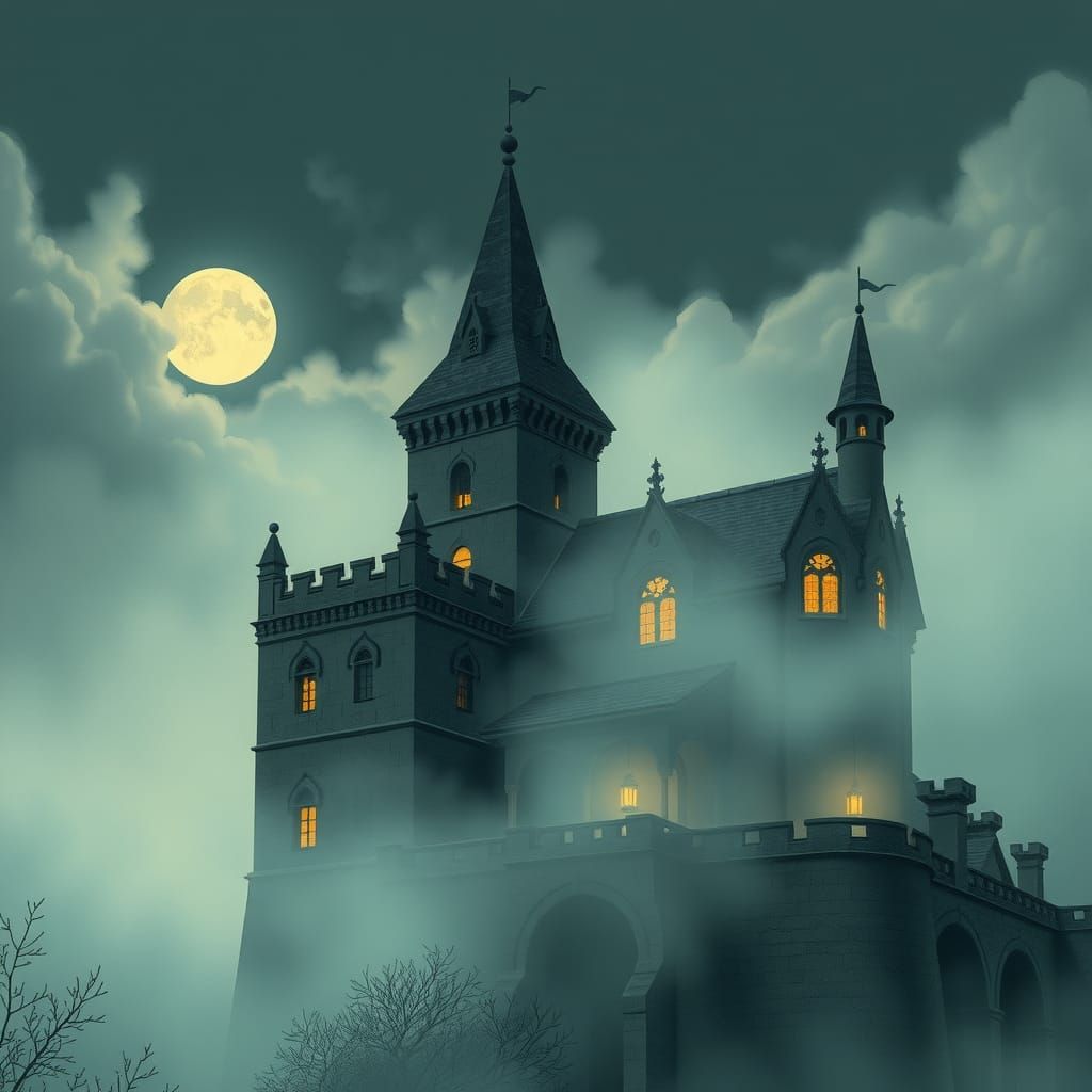 Mystical Gothic Castle in Moonlight and Fog