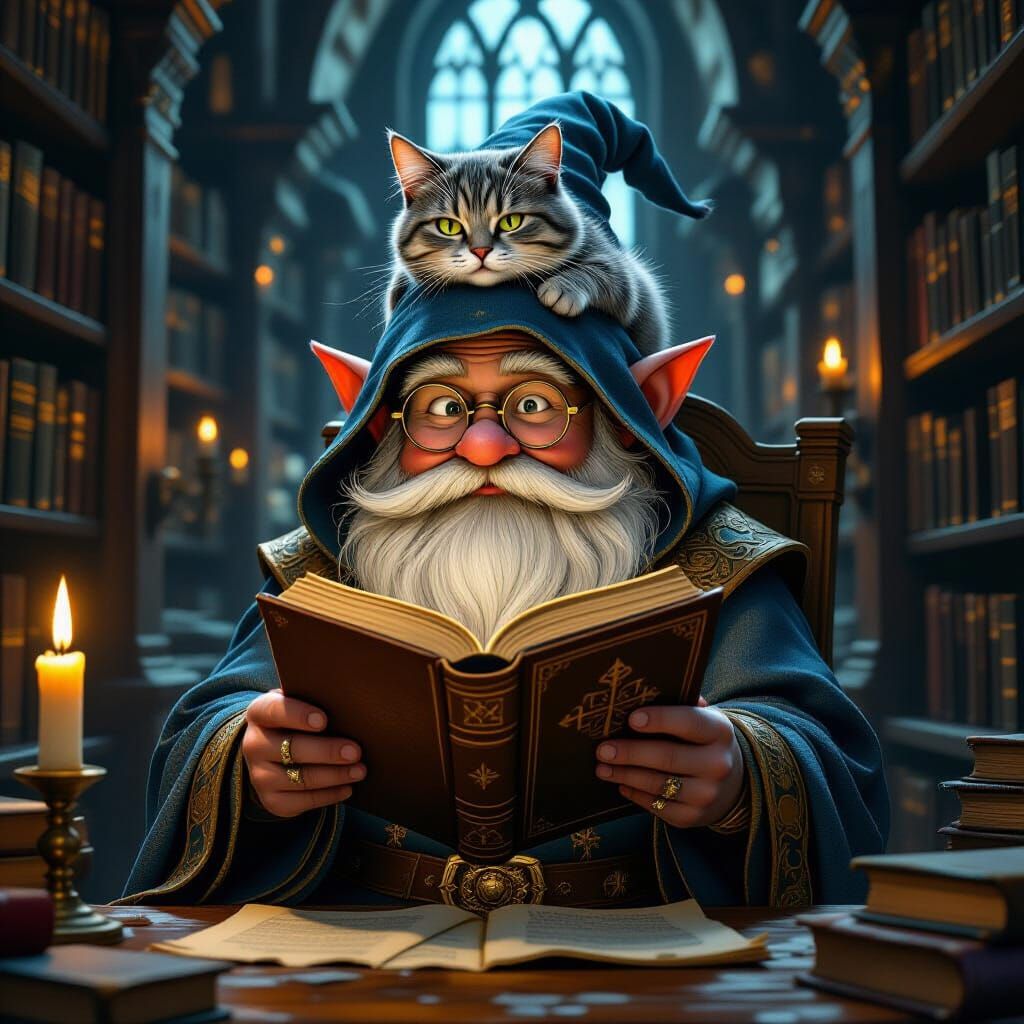 Gnome Wizard Reads by Candlelight: Hyperrealism