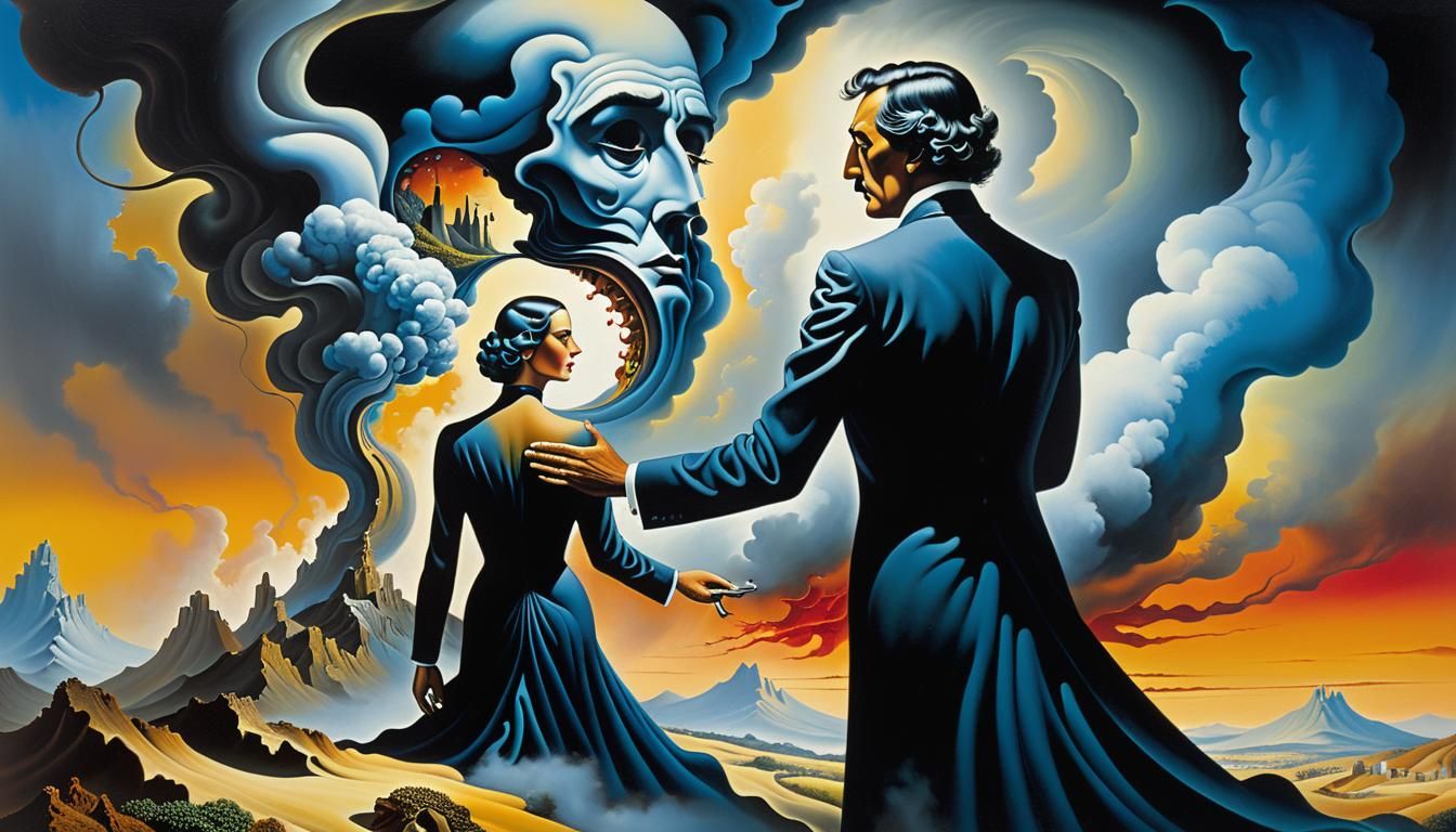 Surreal Figure Merges in Dreamlike Landscape