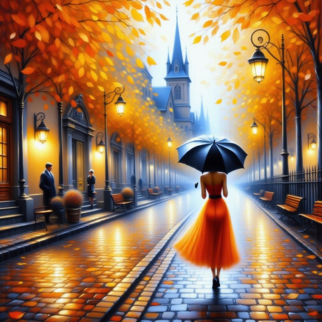 Rainy Autumn City Scene in Impressionist Style