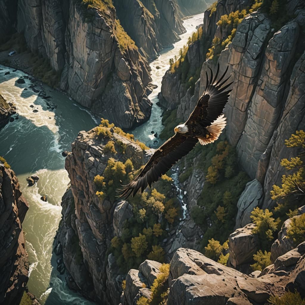 Eagle Overlooking Cliffside River Scene