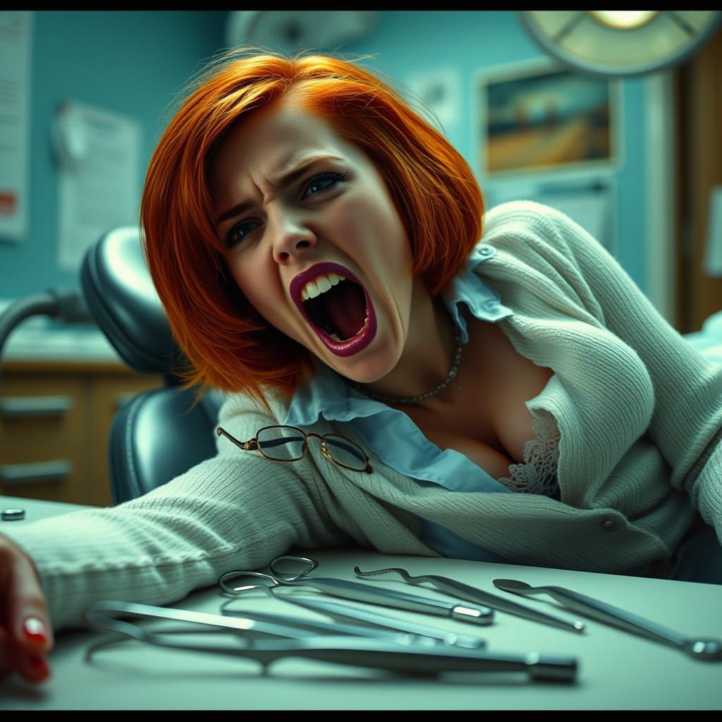 Tense Dental Office Horror Scene in Cinematic Style