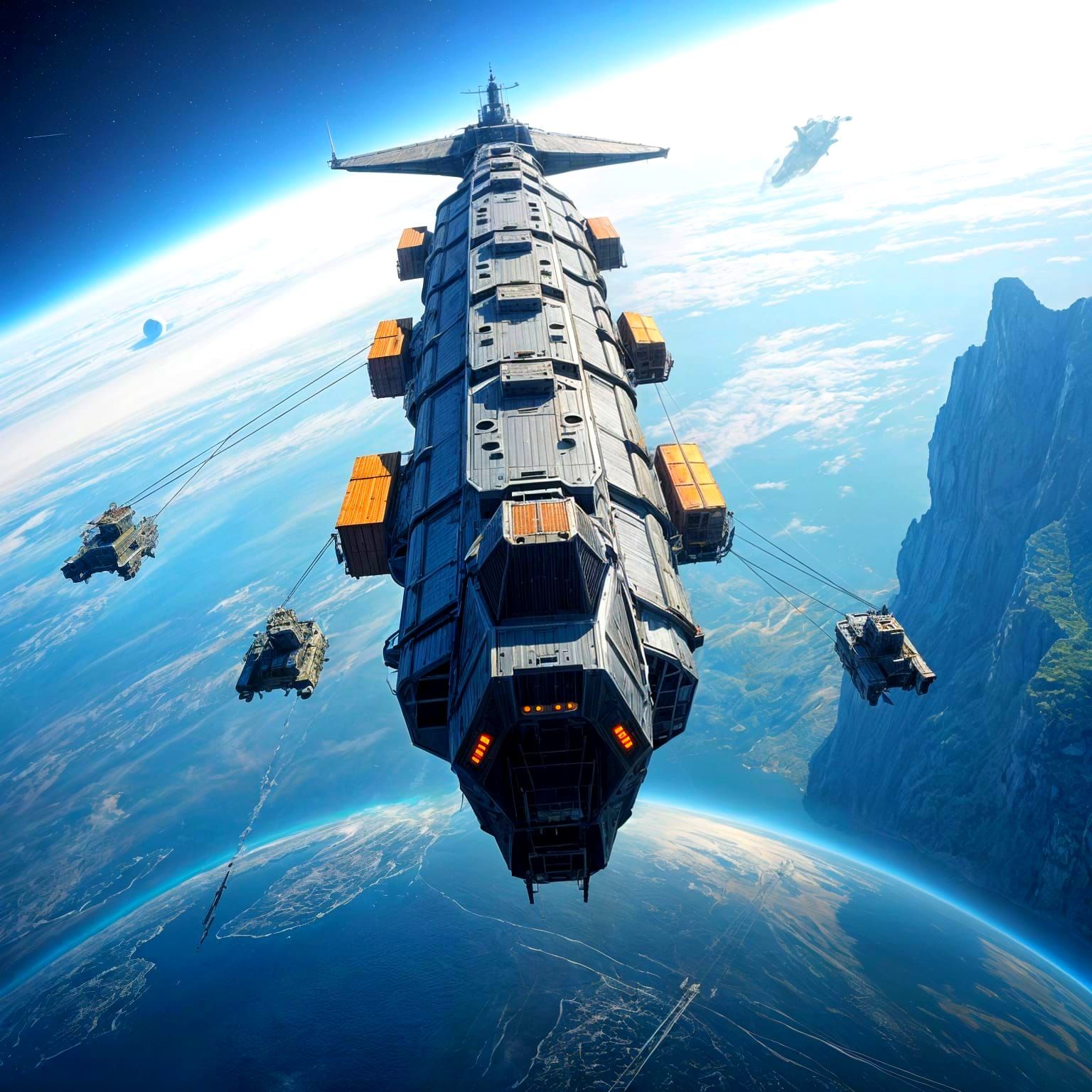 Massive Rod-Shaped Spacecraft Pulled by Tug Ships