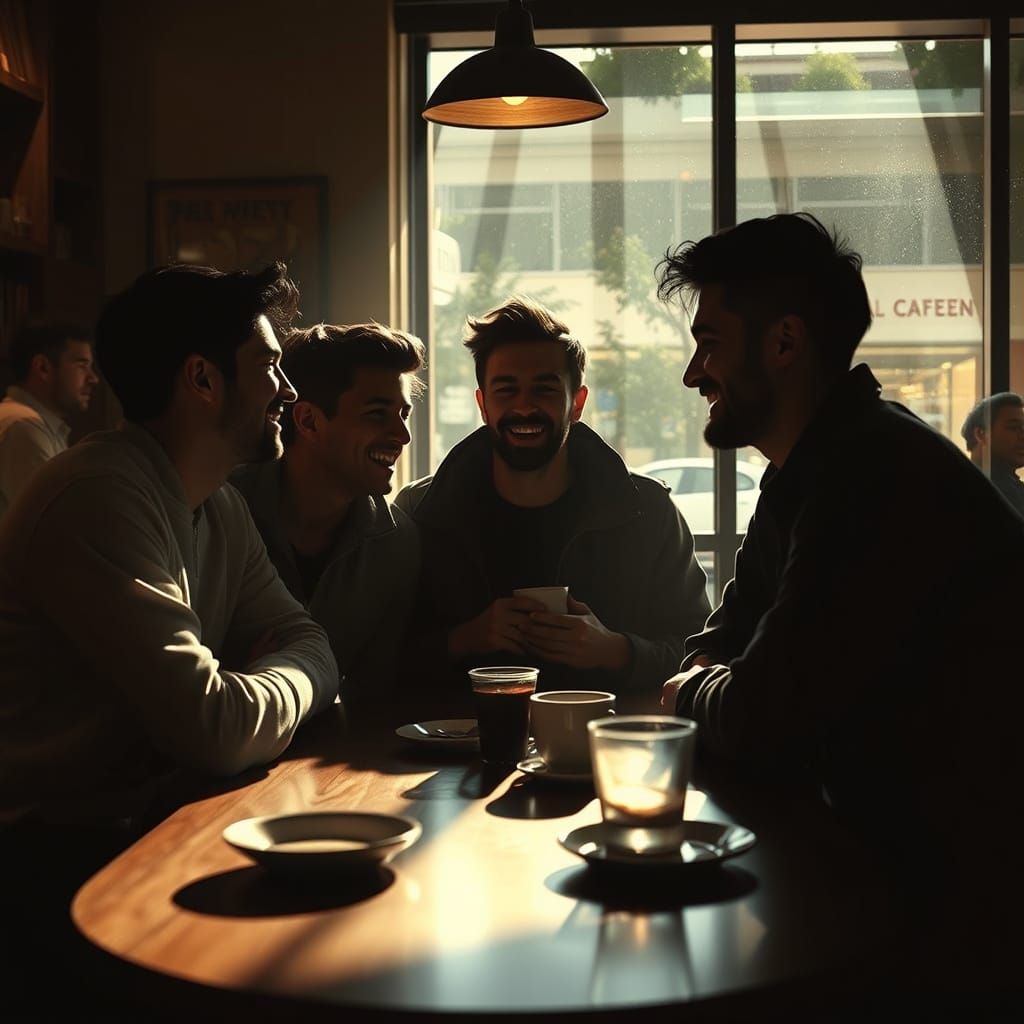 Men Gather Around a Coffee Table in a Warm, Film Noir-Inspir...