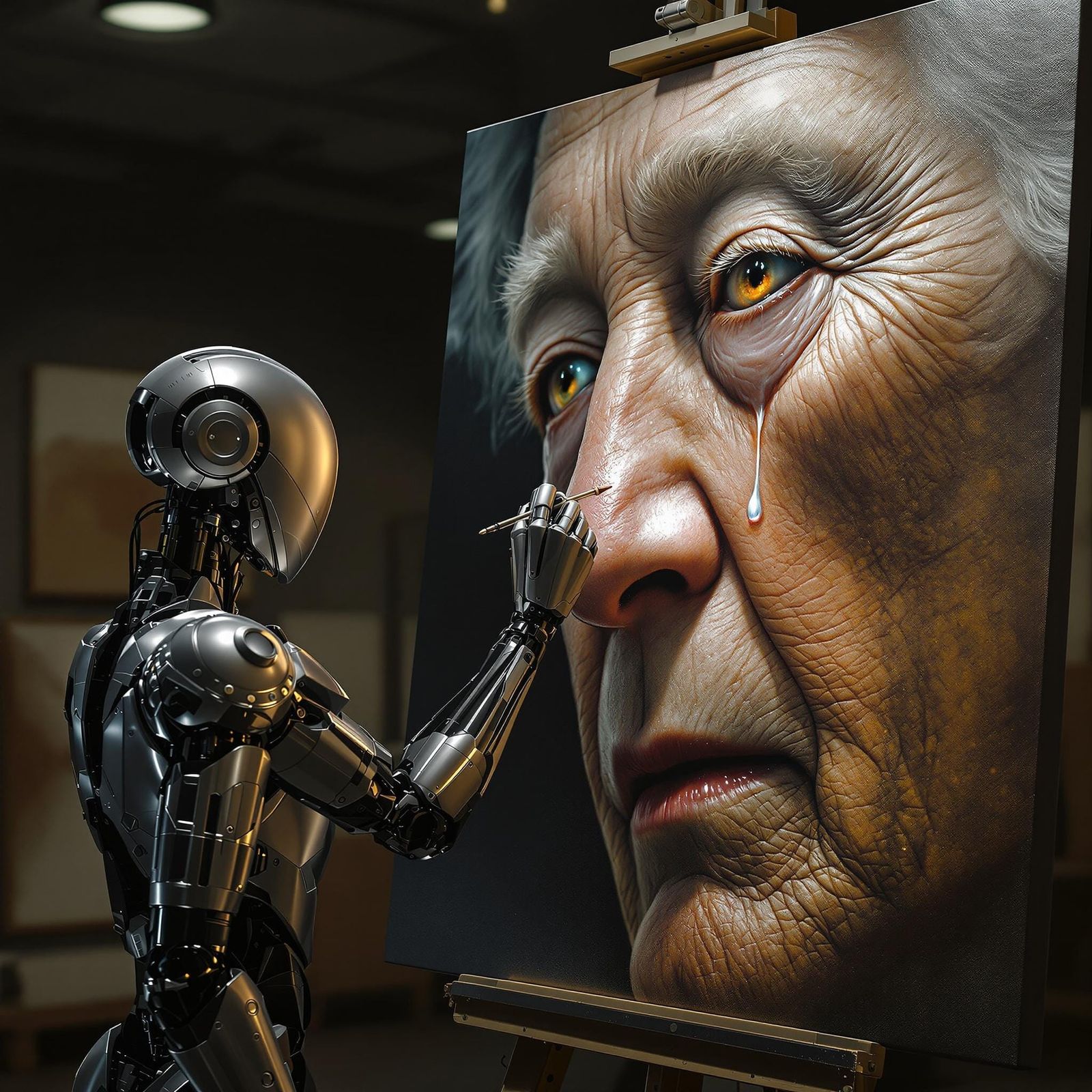 Metallic Robot Paints Tearful Portrait in Hyper-Realistic St...