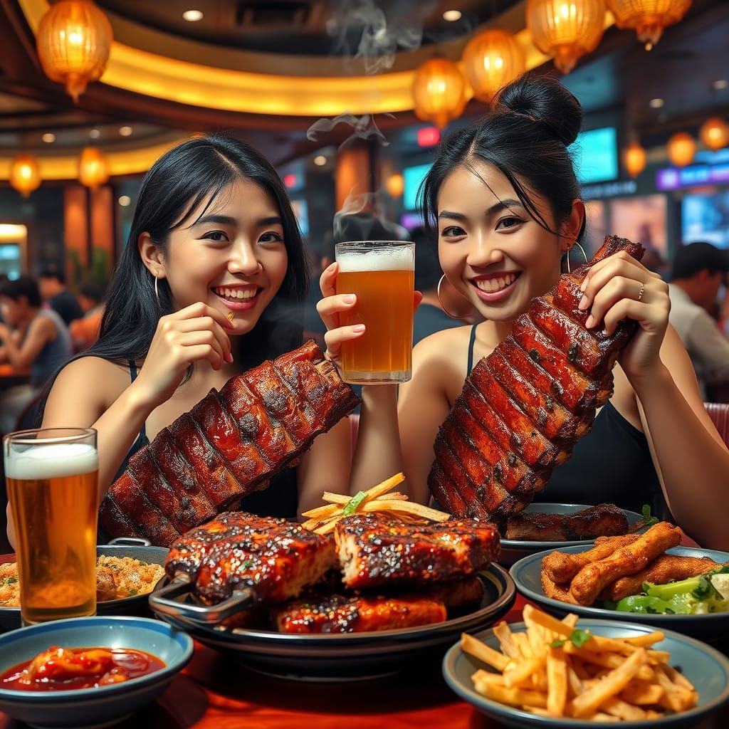 Vibrant Singaporean Women Savor BBQ Ribs in a Suntec City Re...
