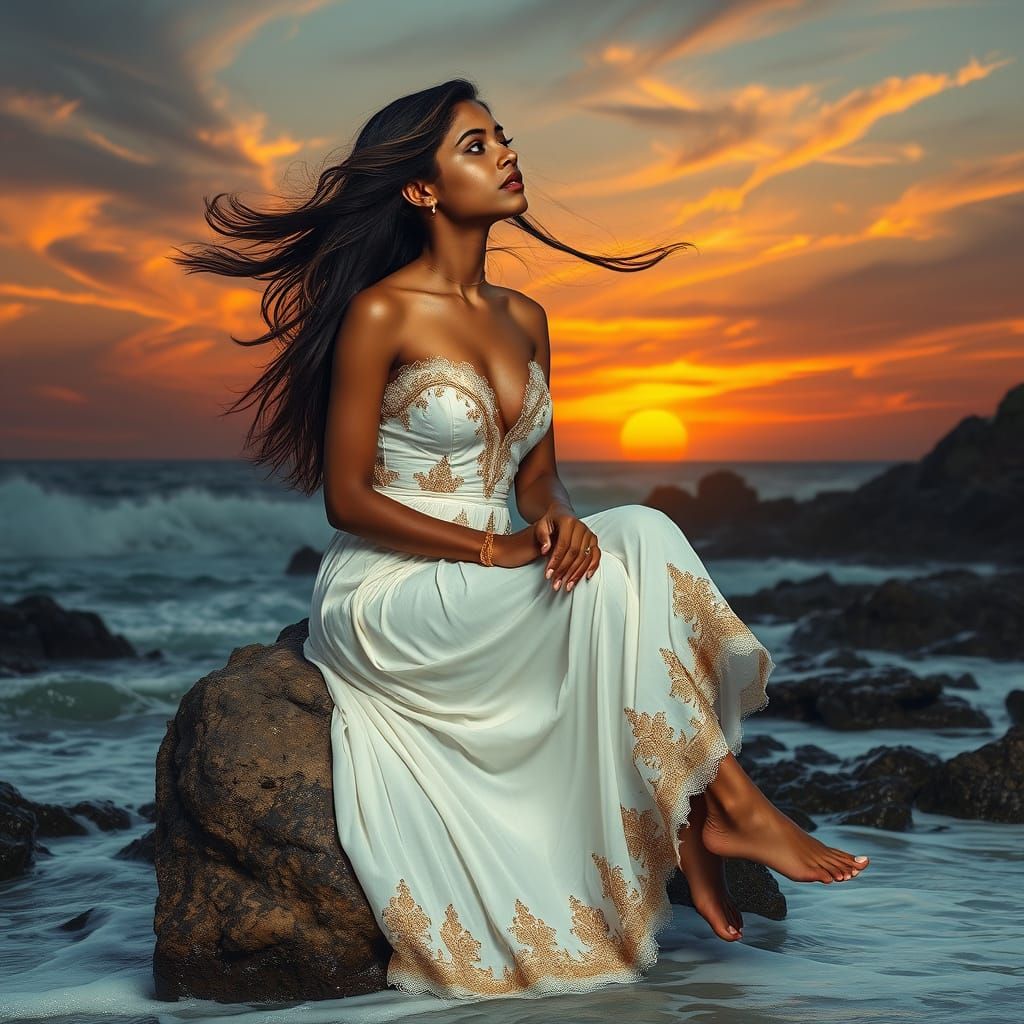 Indian Woman Contemplates Sunset on Rugged Coast