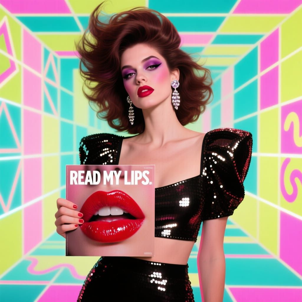 1980s Pop Singer Portrait in Geometric Neon Style