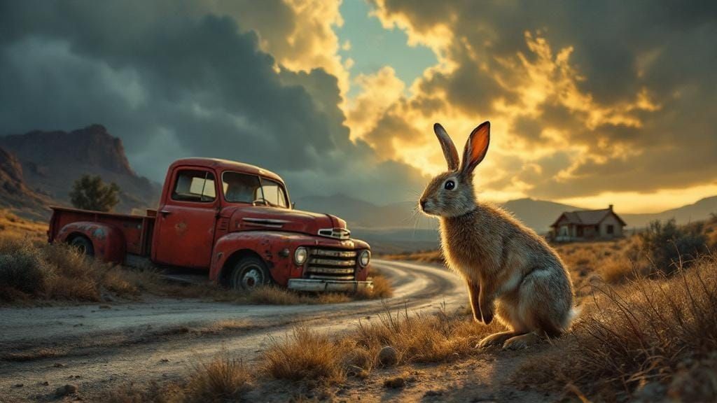 Vintage Truck and Jackrabbit in Moody Landscape