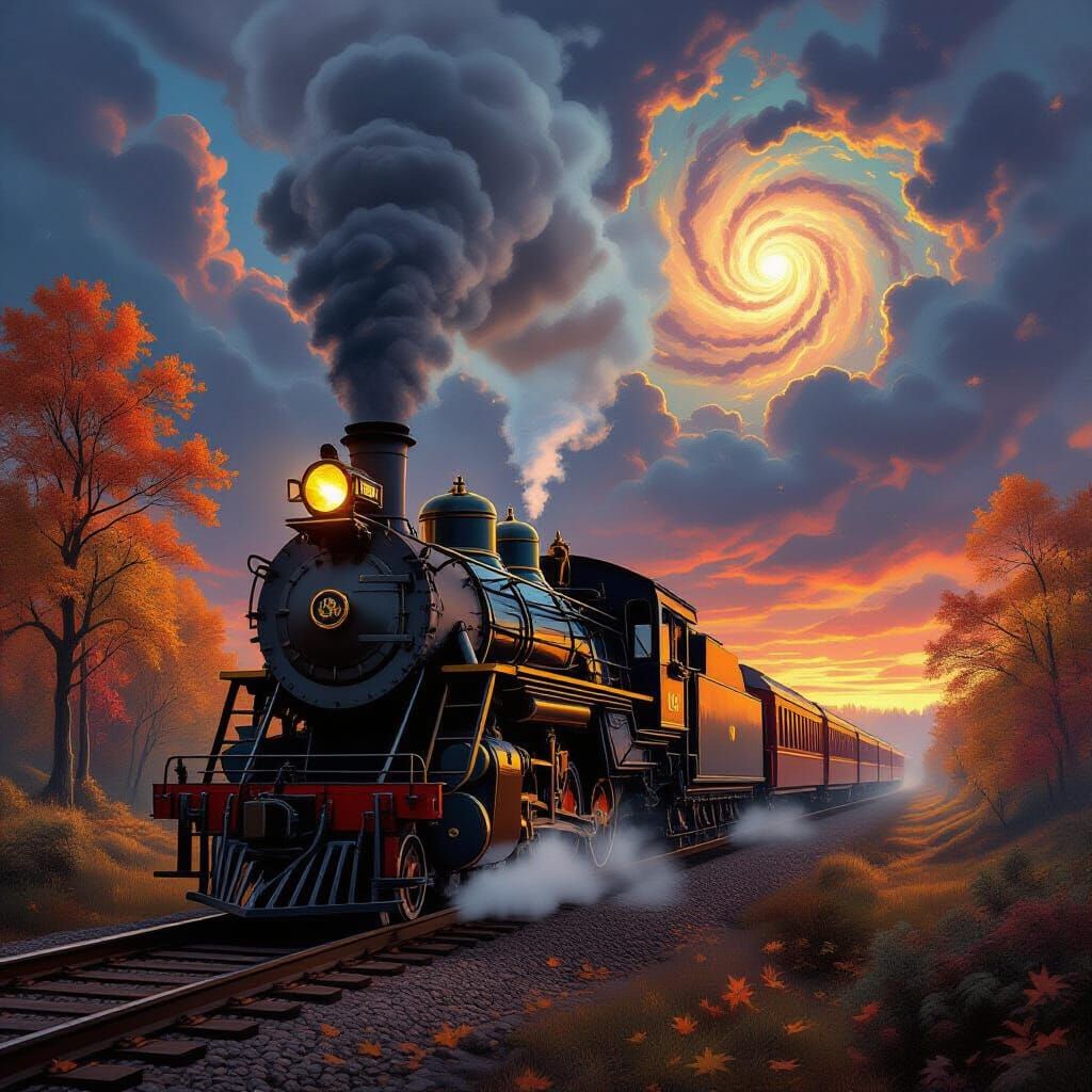 Majestic Steam Train in Fantastical Autumn Landscape