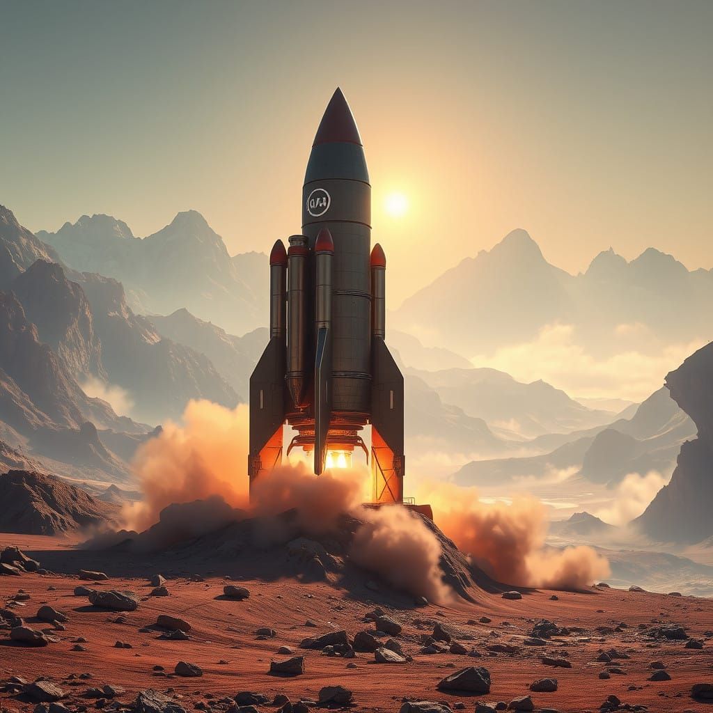 Majestic Rocket Launch on a Distant Planet in Cyberpunk Styl...