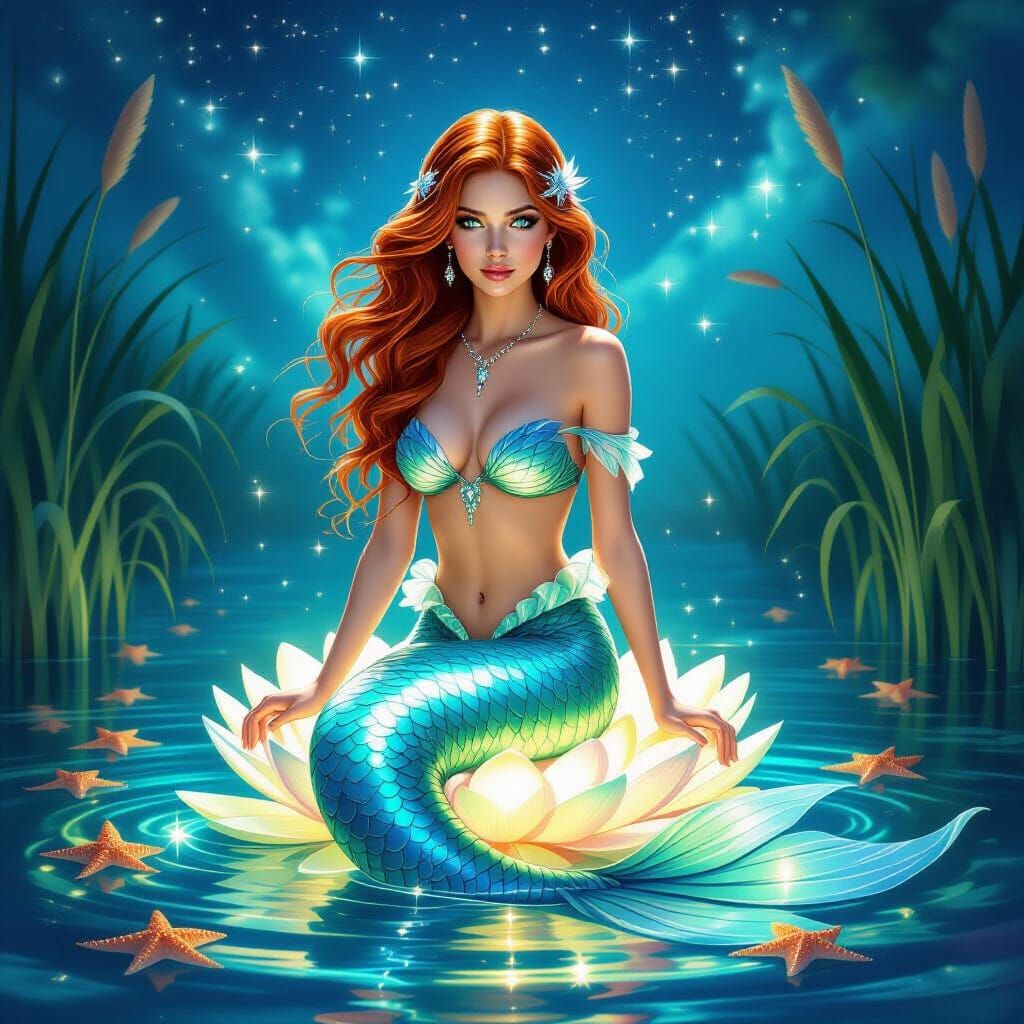 Auburn Haired Mermaid Emerges from Glowing Lagoon