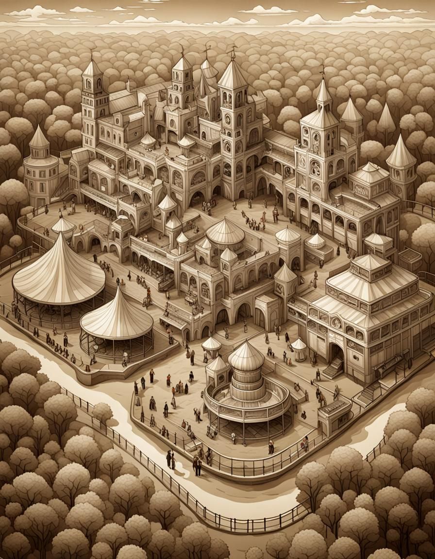 Sepia Amusement Park in Detailed Mathematical Style