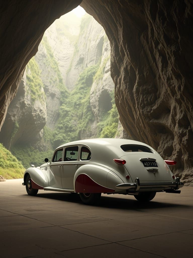 Steampunk 1948 Limousine in Stone Cave, Cinematic Style