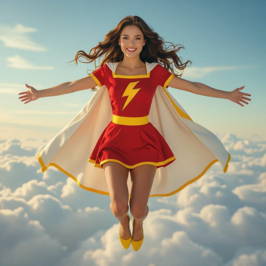 Woman Flying Through Clouds in Red Dress