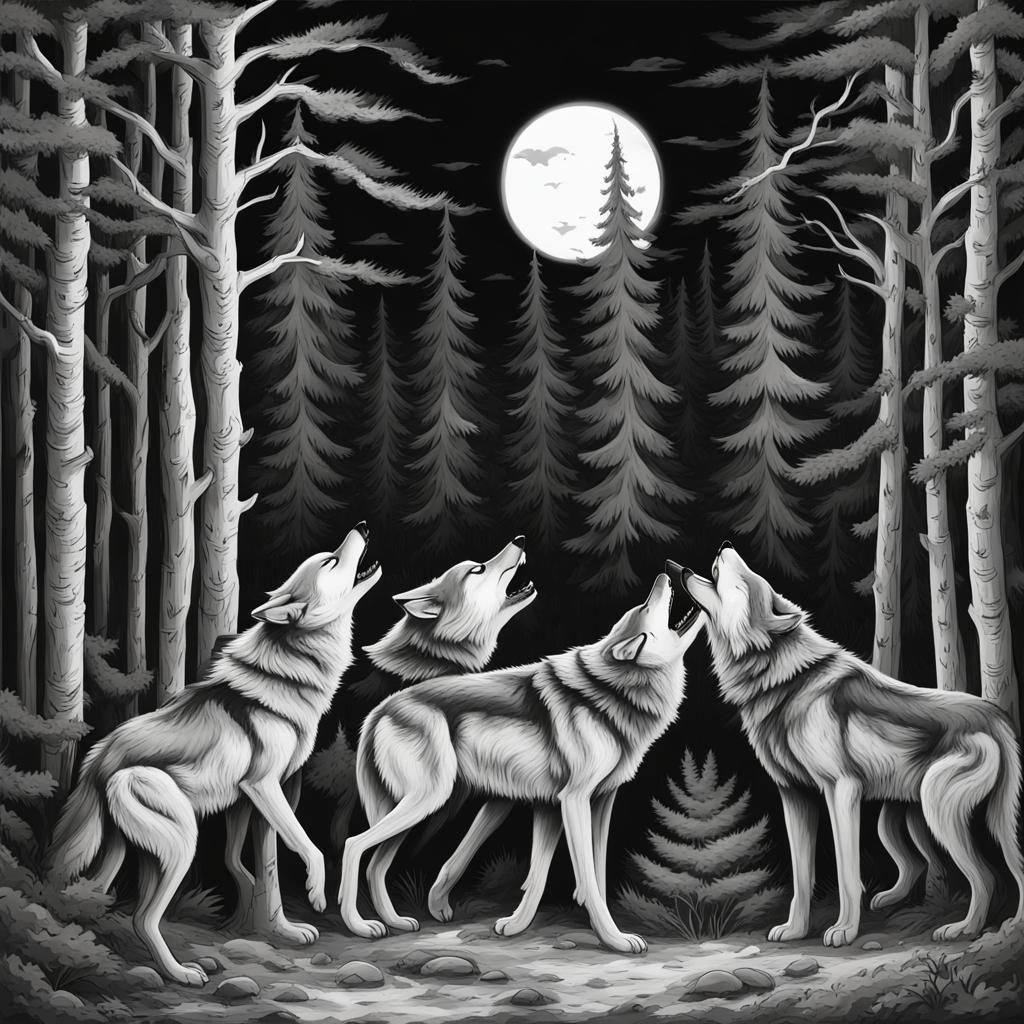 Wolves Clash at Night: Black and White Oil