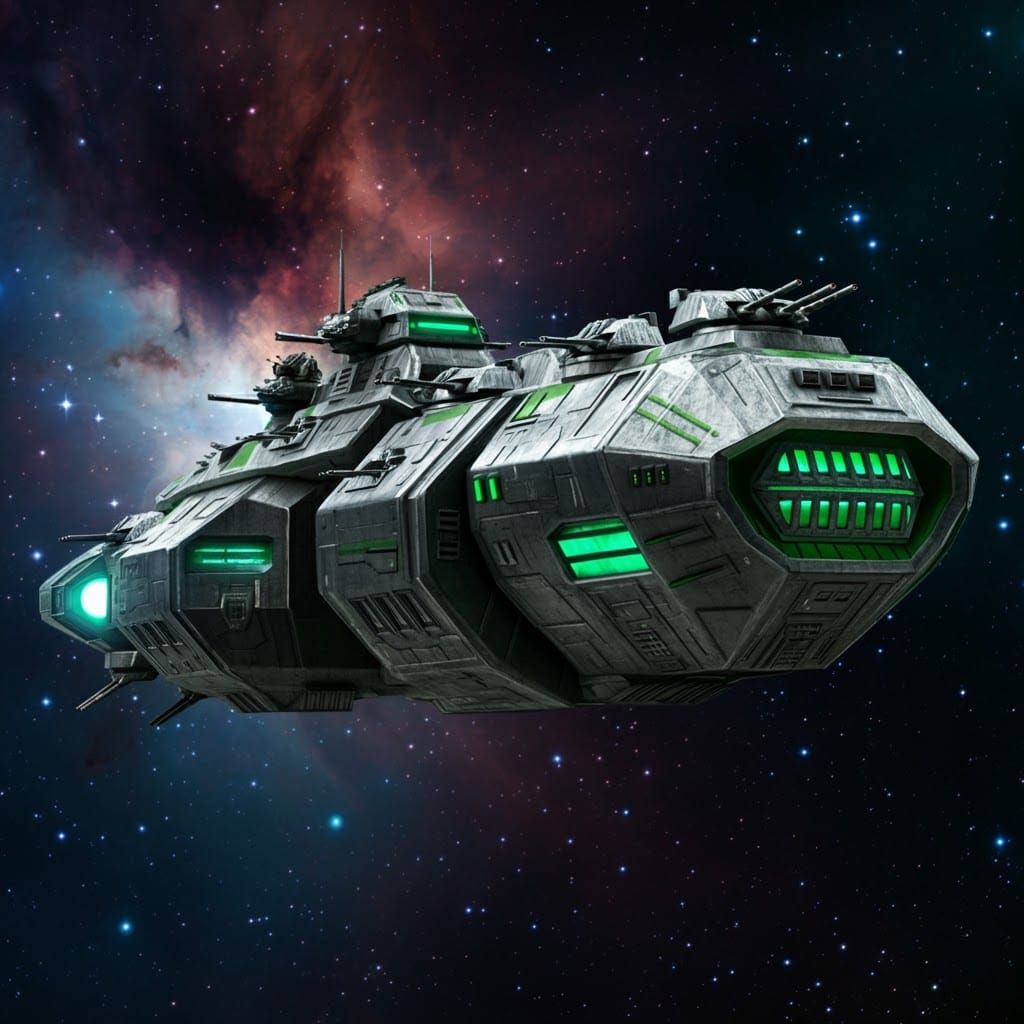 Futuristic Warship Ascends Through Starry Nebula