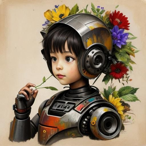 Child Gives Flower to Scrap Robot in Mixed Media Portrait