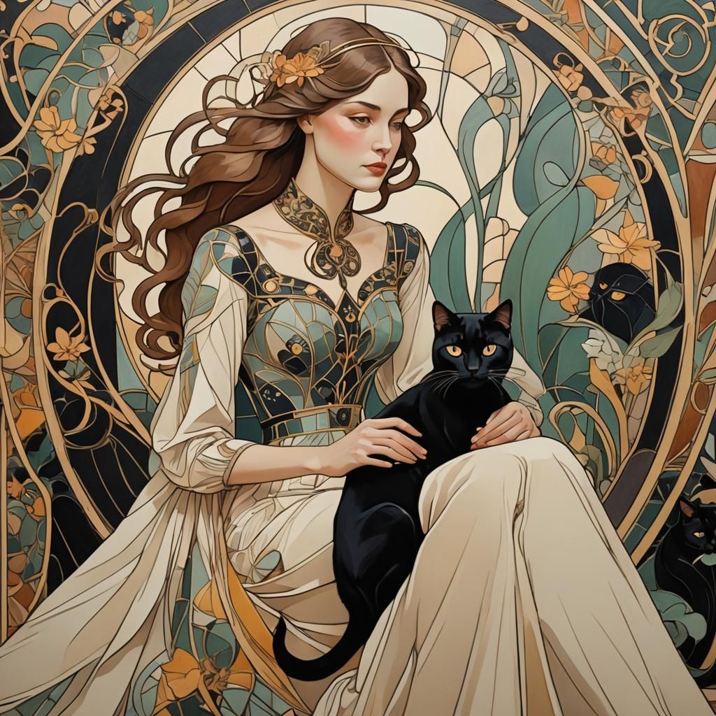 Elegant Girl with Cat in Art Nouveau Style