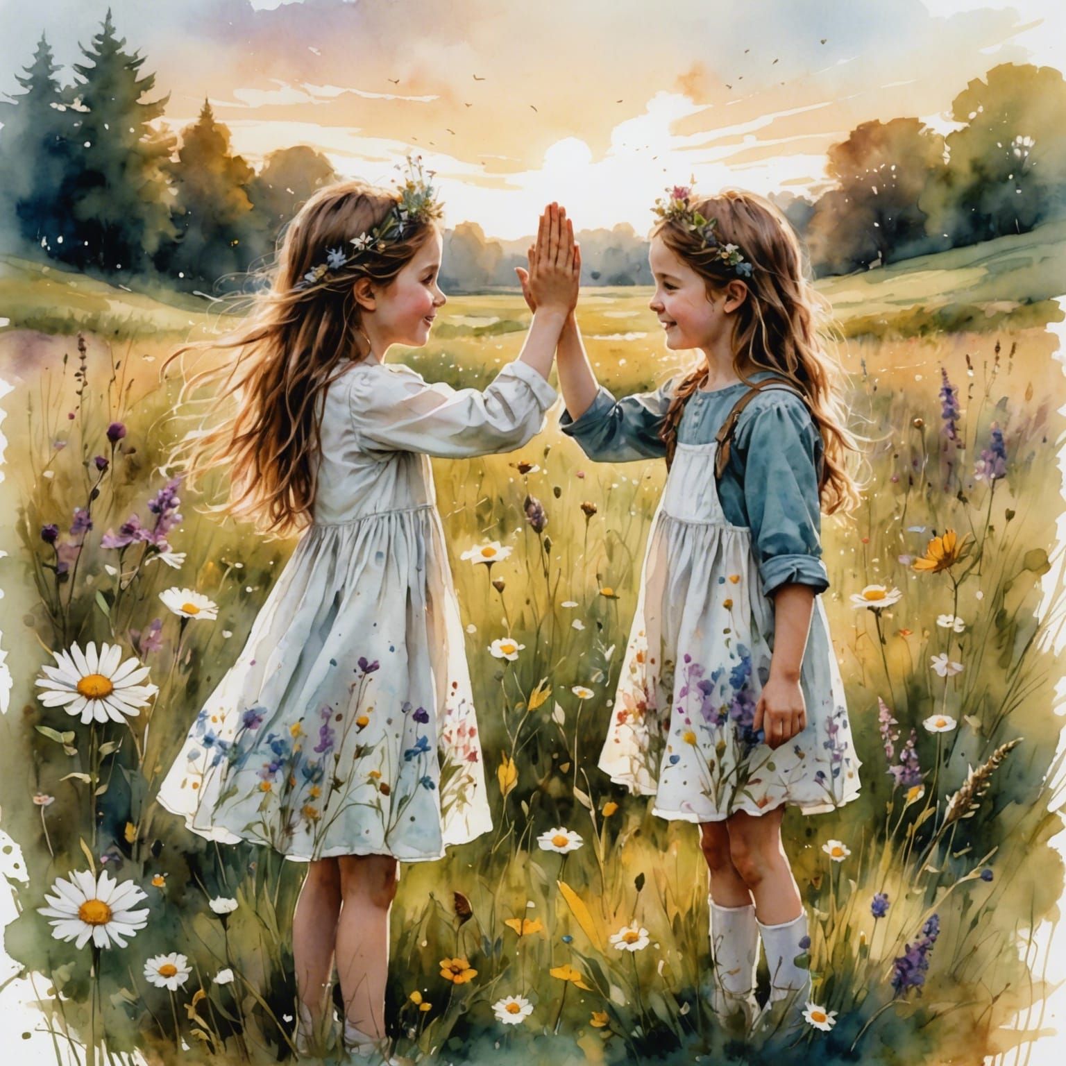 Friends High Five in a Pastel Watercolor Garden
