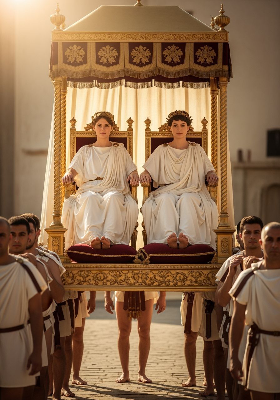 Barefoot Roman Emperor and Empress on Golden Litter