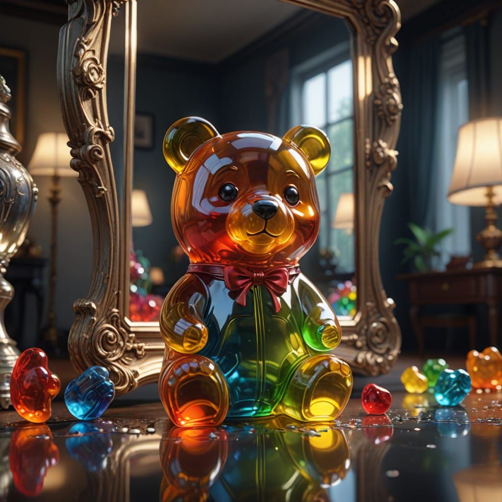 Gummy Bear and Girl Reflection in Magical Room