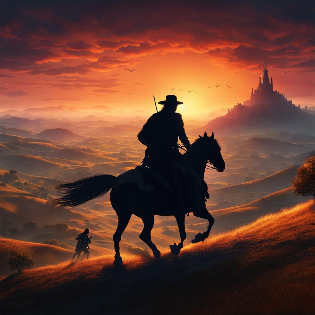 Sunset Silhouette: Horse Rider on Hill