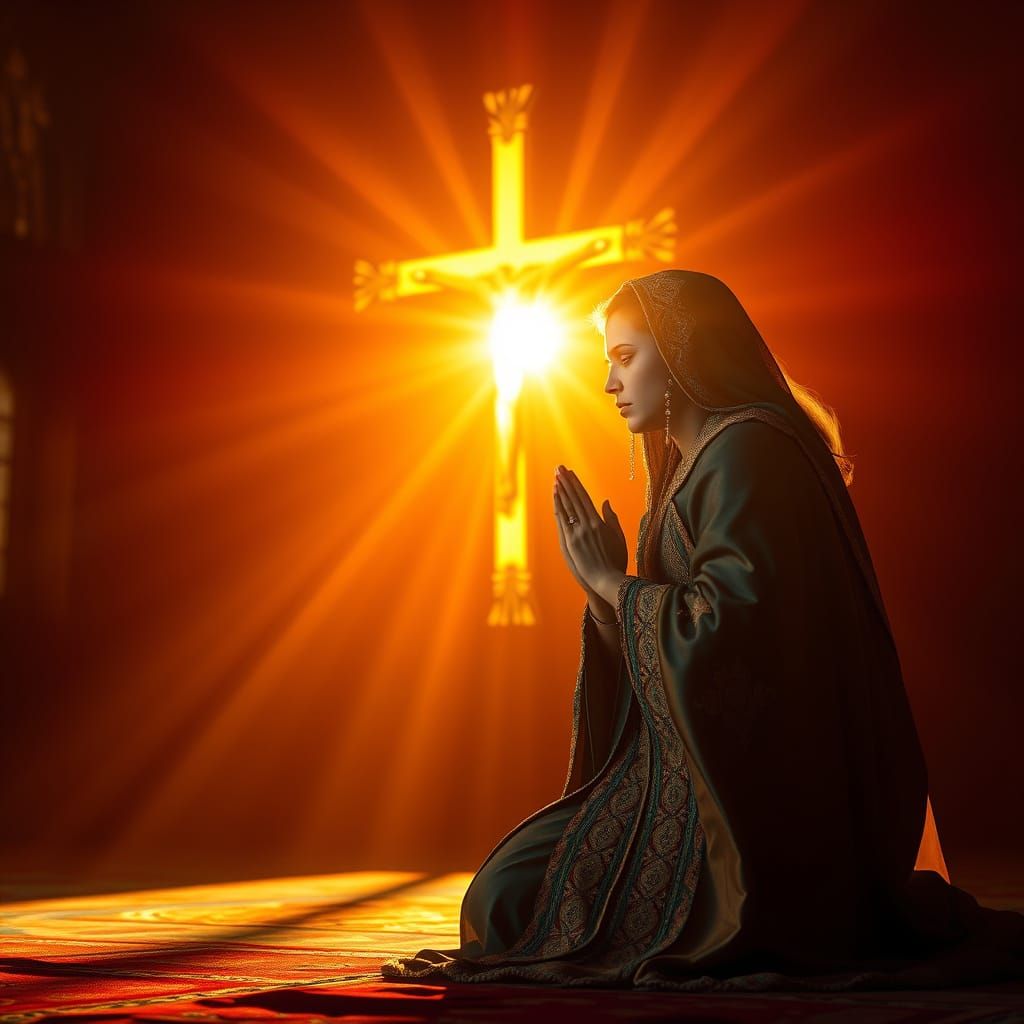 Woman Praying by Glowing Cross with Dramatic Lighting