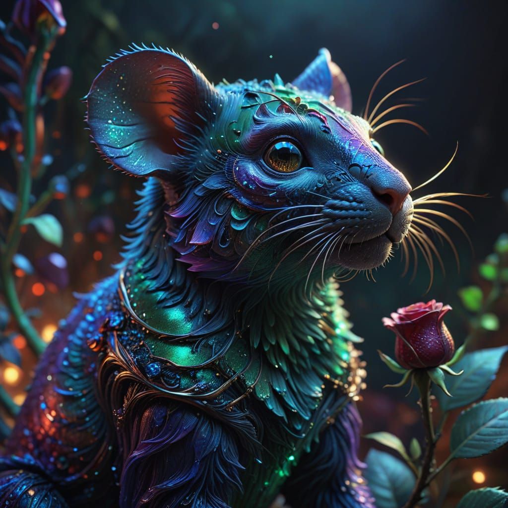 Iridescent Cosmic Glass Rat Holds Glowing Rose in Ethereal G...