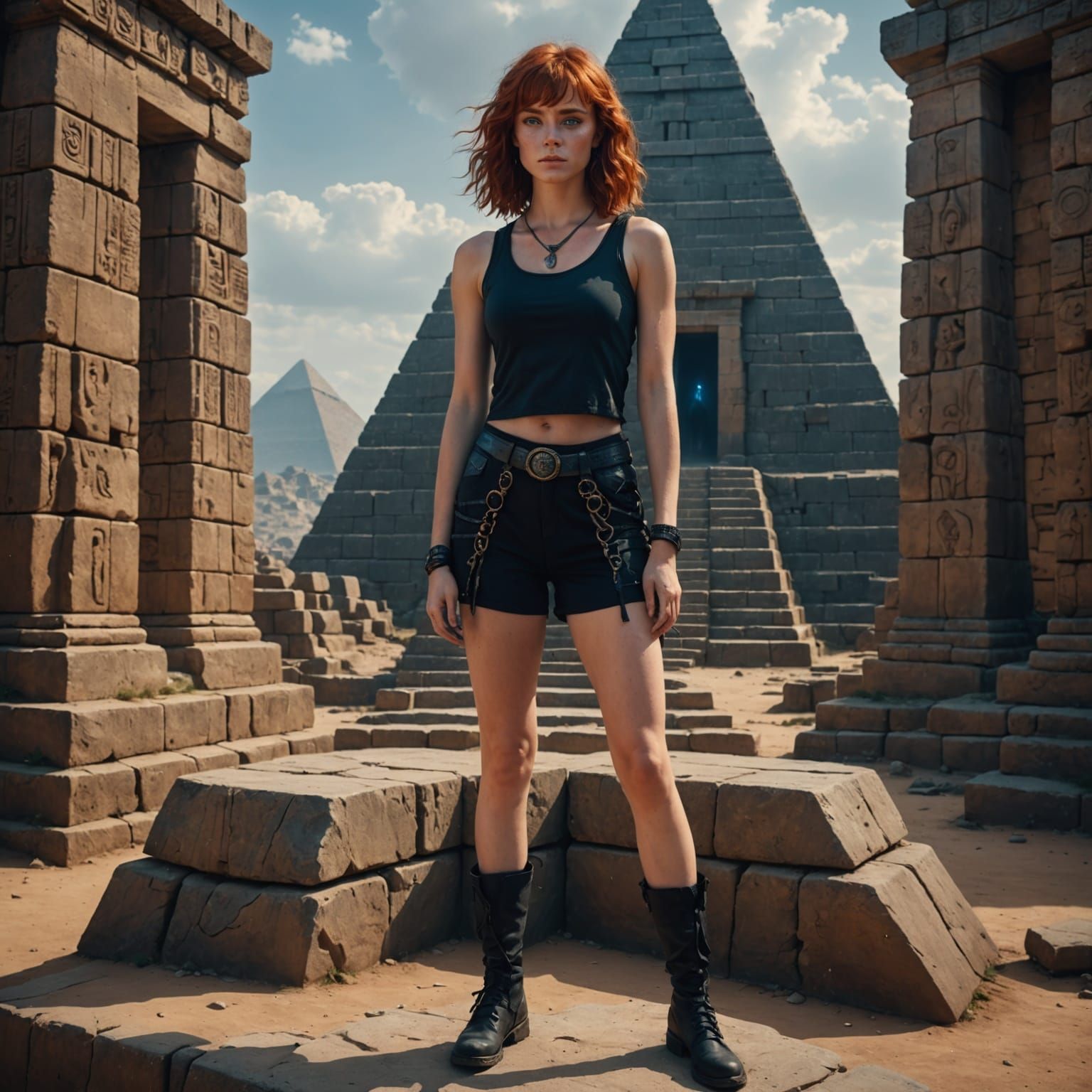 Woman Posing with Statue Inside Ancient Pyramid