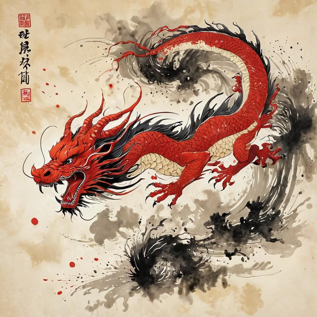Vibrant Red Dragon in Chinese Ink Painting