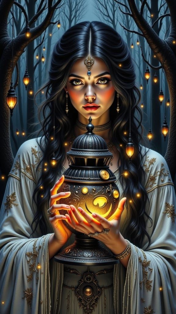 Halloween Goddess Holding Luminous Jack-o-Lantern with Magic...