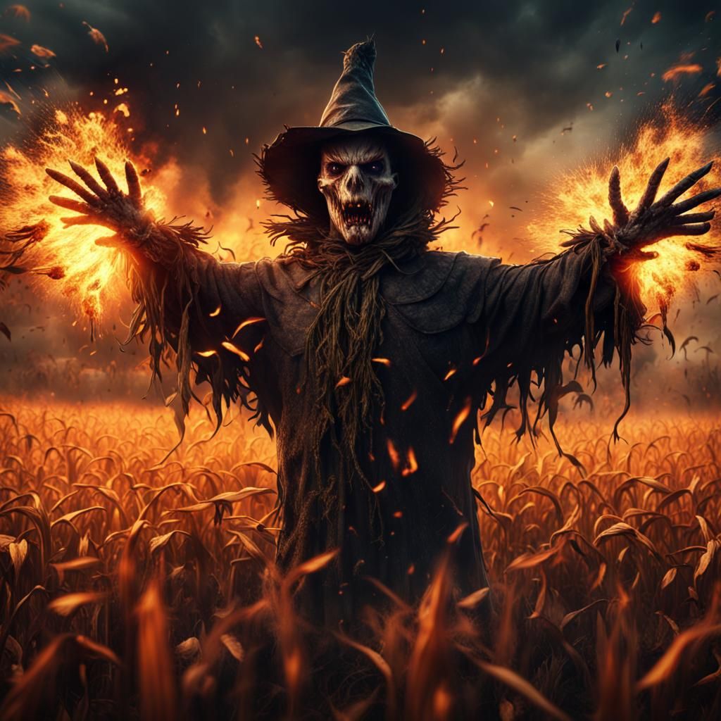 Fiery Crow Scarecrow Explosion: Fantasy Concept Art