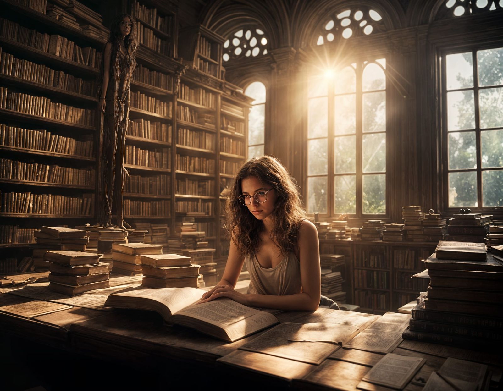 Young Woman Studying in a Magical Library