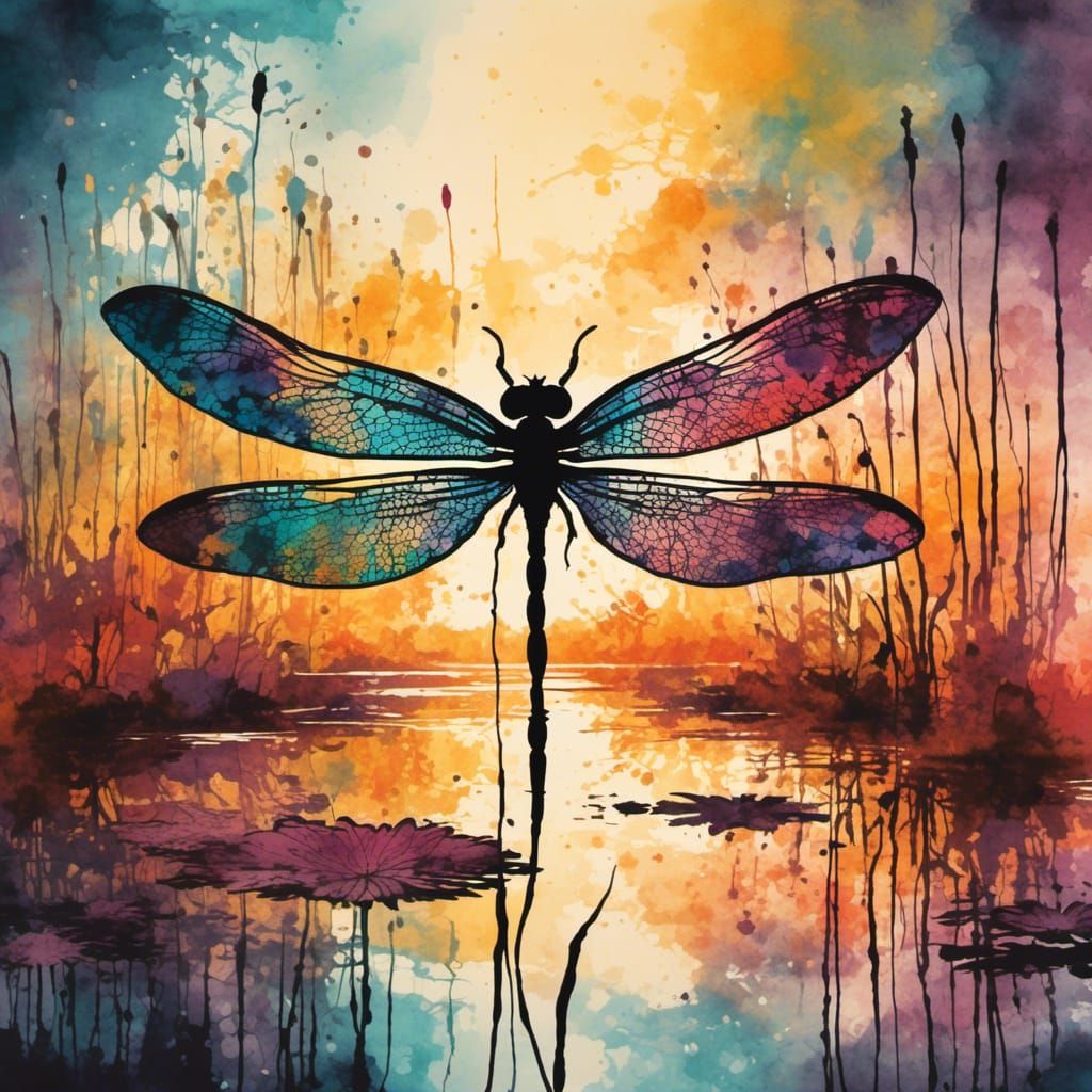 Dragonfly Silhouette in Blotched Ink Style