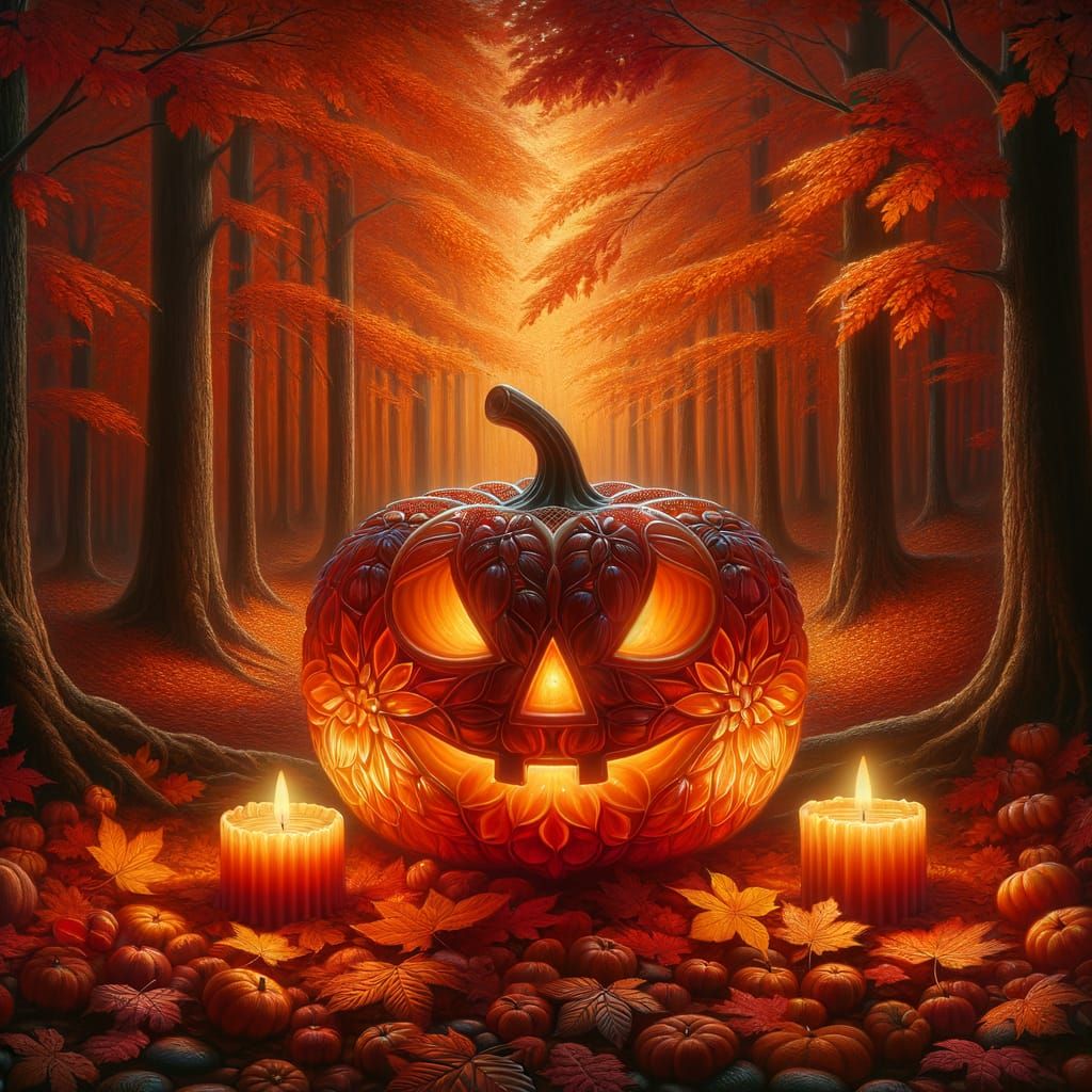 Glowing Glass Jack-O-Lantern in Autumn Forest