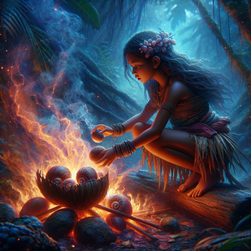 Polynesian Girl Cooks Periwinkles in Fantasy Art