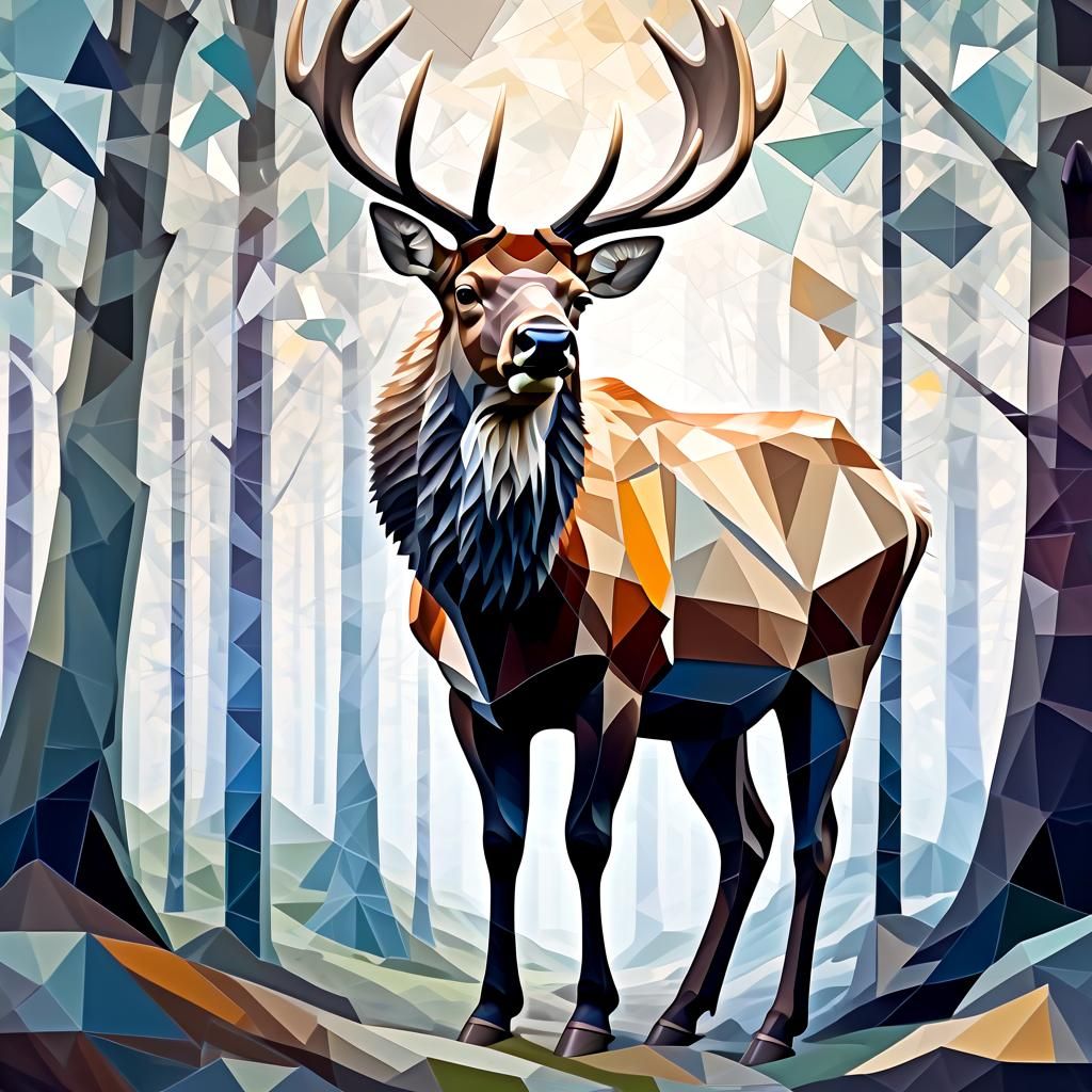 Elk in Forest: Cubist Geometric Shapes