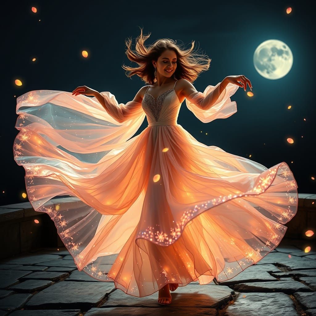 Woman Dancing in Flowing Iridescent Dress