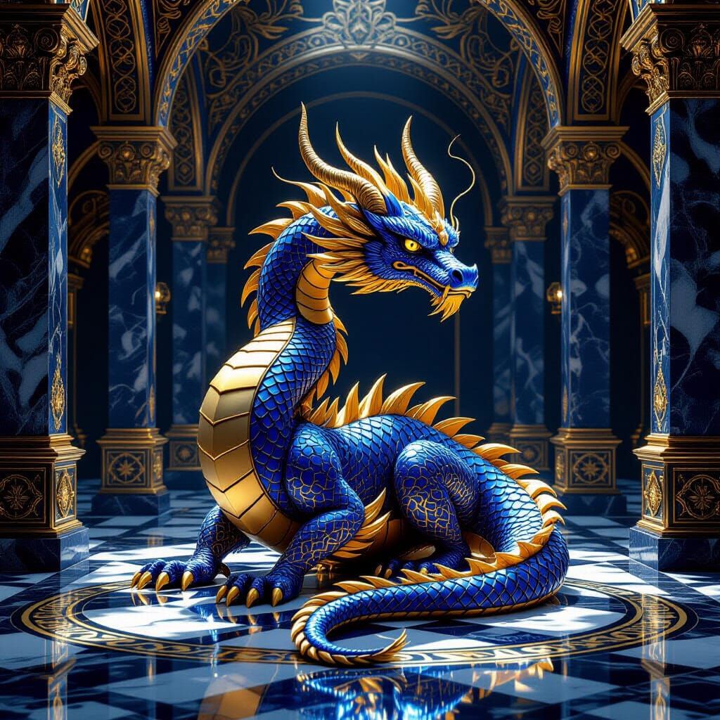 Blue and Gold Dragon in Marble Hall, Celtic Knots