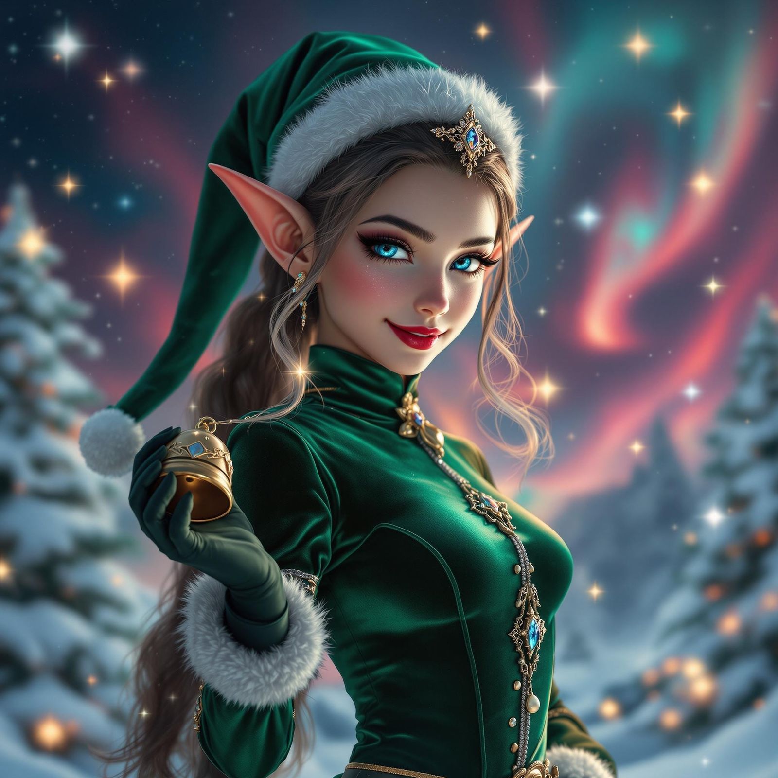 Whimsical Girl Elf Santa in Emerald Green Velvet Suit