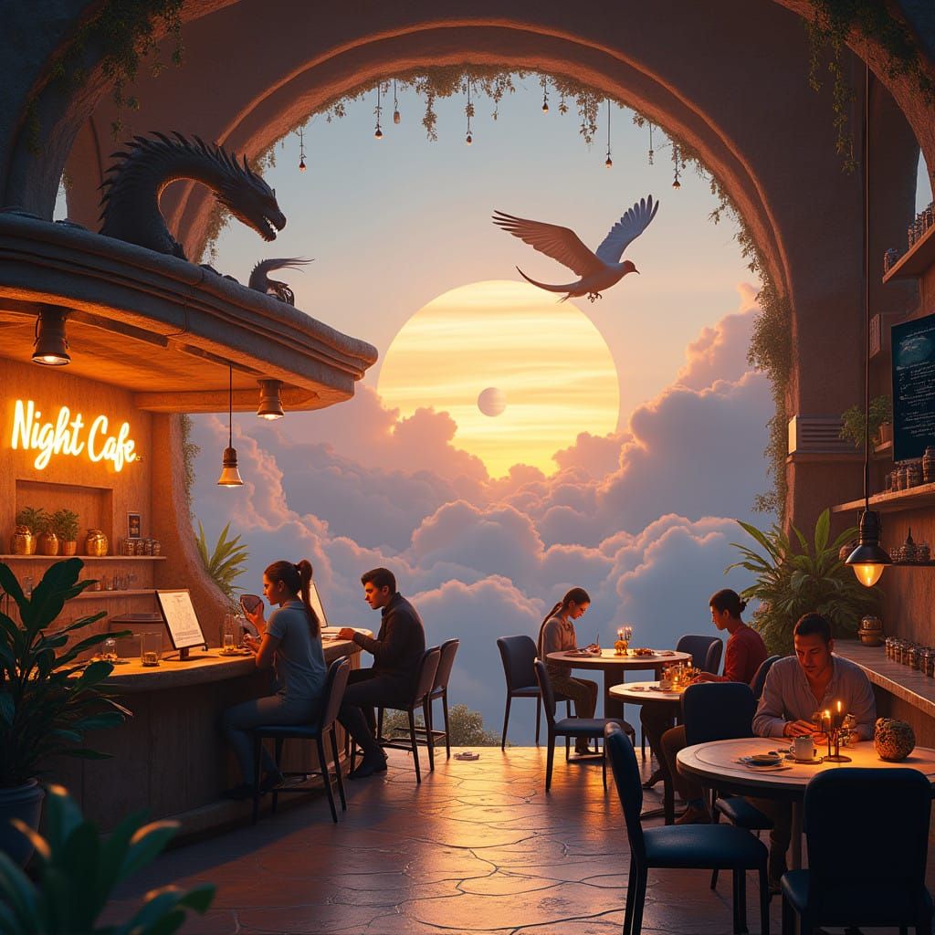 Surreal Café Floats on Clouds with Whimsical Artistic Gather...