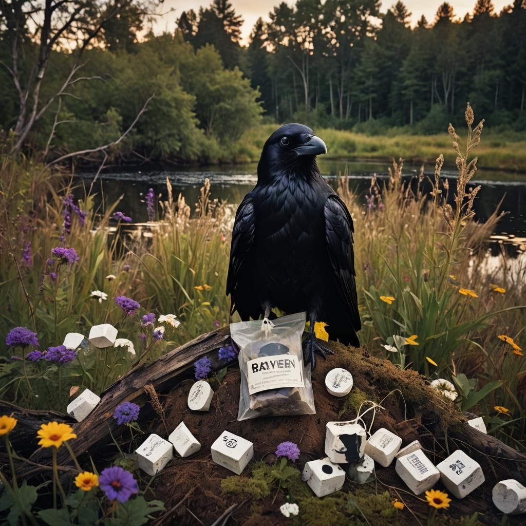 Raven on Swamp River at Sunset, Hyperrealistic Art