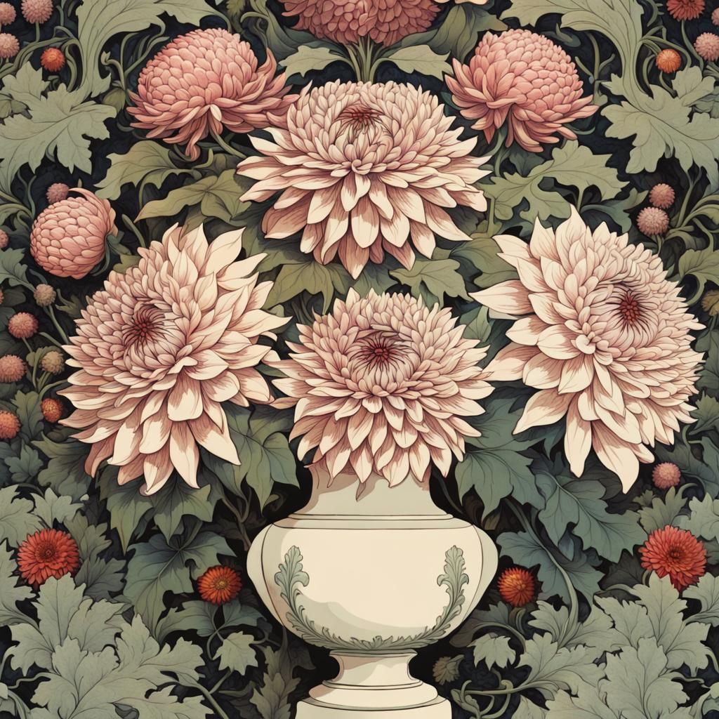 Art Nouveau Urn with Dahlias and Foliage