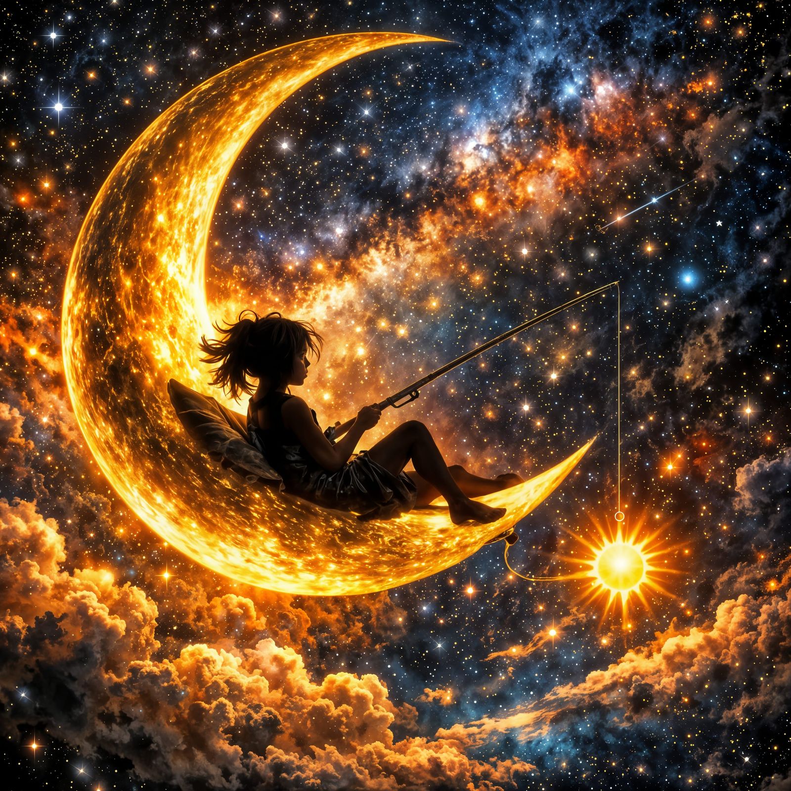 Girl Fishes for Sun on Golden Moon