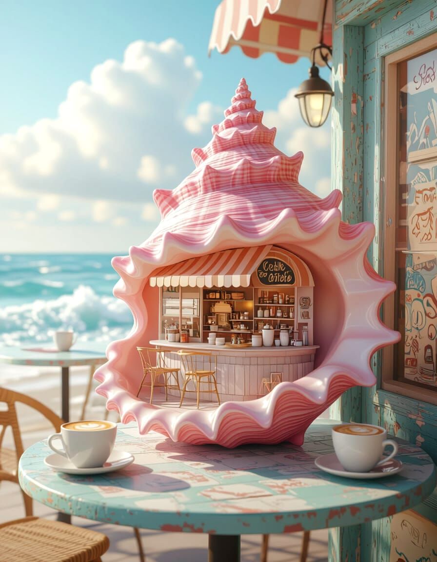 Mini Seaside Cafe Inside a Pink Seashell