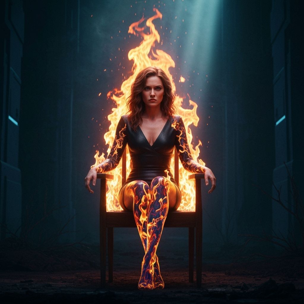 Woman on Burning Chair in Dreamlike Cinematic Style